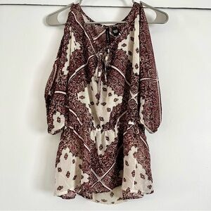 Full Tilt women’s/juniors size S sheer, keyhole sleeve blouse, beige/maroon.